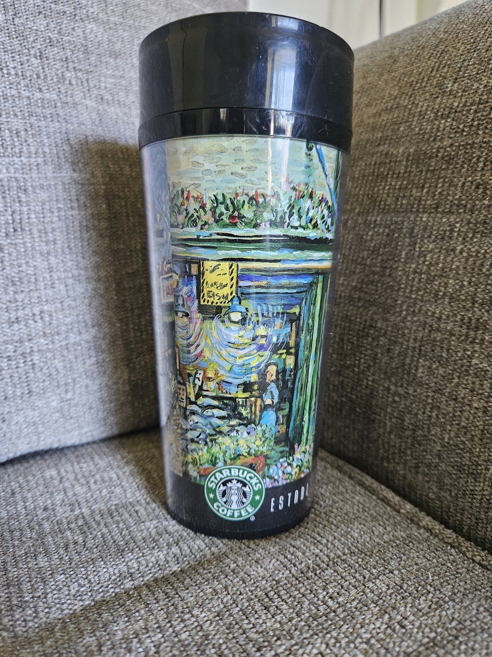 Vintage Starbucks Black Travel Tumbler with Colorful Painted Cafe Scene